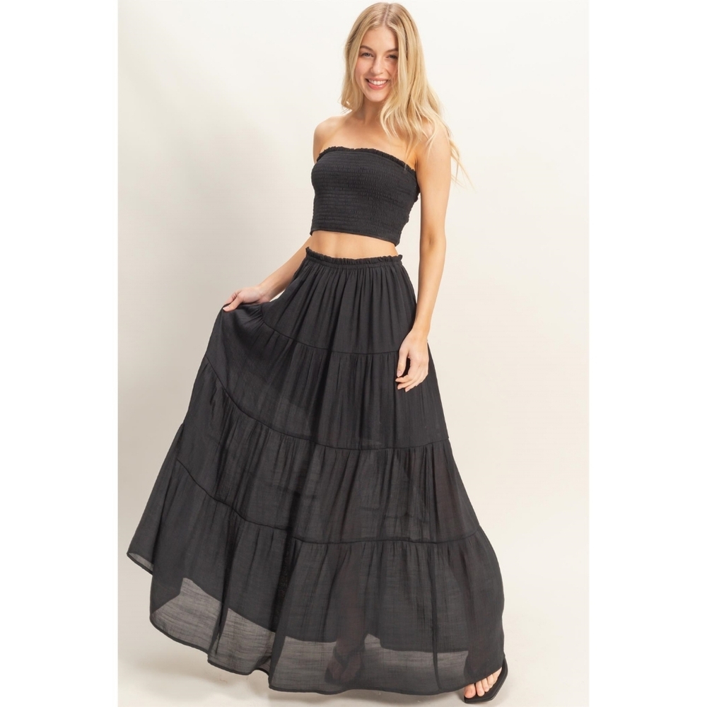 HYFVE Black  Smocked Crop Top & Tiered Rayon Blend Maxi Skirt 2-Piece Set - Picture 5 of 8
